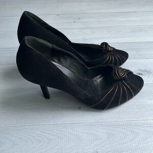 Gucci Vintage Black Suede Knotted Gold Lined Peep Toe Pumps Size 7